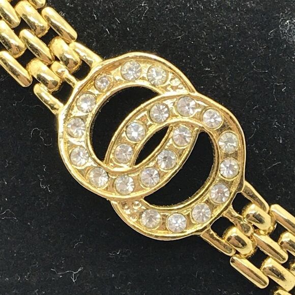 Vintage Delicate Gold Tone Chain & Crystal Accented Tennis Bracelet sz 6.75" - Picture 2 of 3